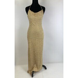 Vintage Y2K Gold Glittery Fitted Party Dress Size XS Slinky Knit Stretch Evening